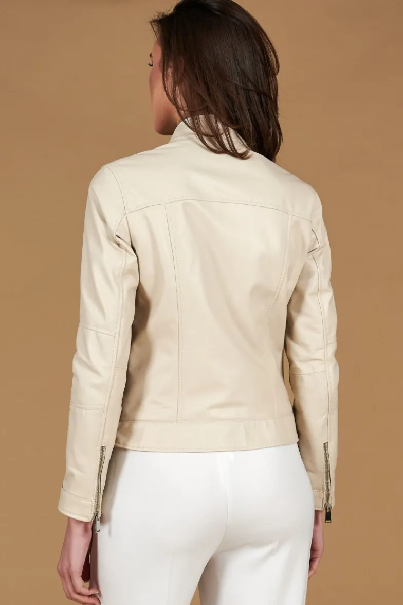 Donna D'Arienzo Linda - Giacca biker in pelle color crema effetto liscio due tasche