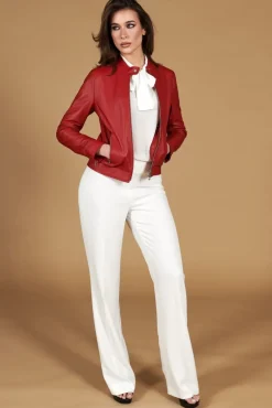 Donna D'Arienzo Linda - Giacca biker in pelle rossa nappa effetto liscio