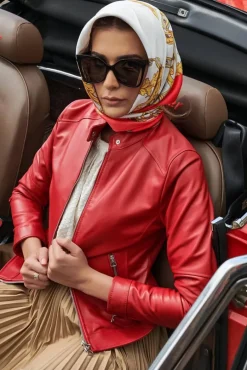 Donna D'Arienzo Linda - Giacca biker in pelle rossa nappa effetto liscio