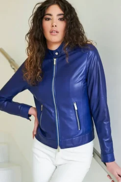 Donna D'Arienzo Linda - Giacca biker in pelle naturale bluette effetto liscio