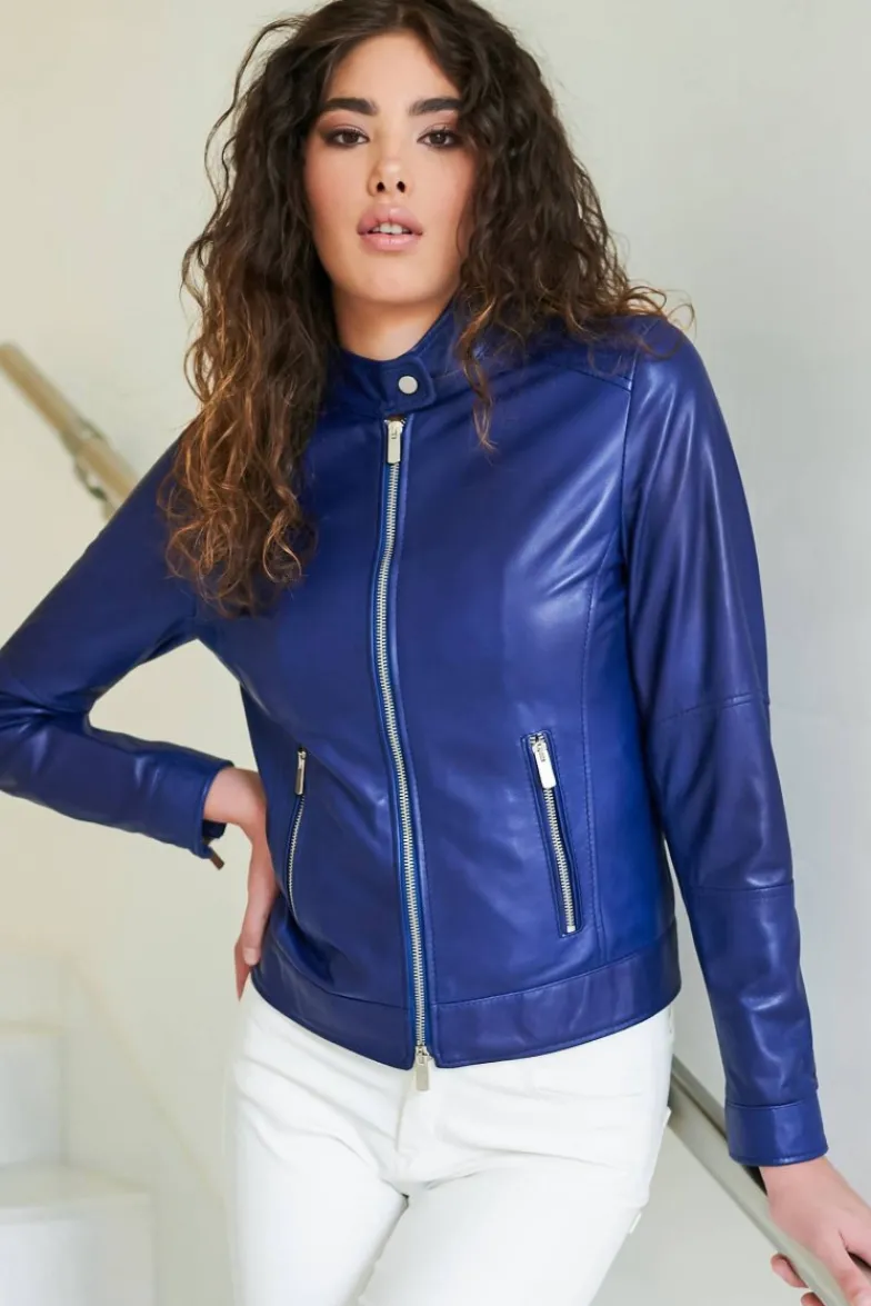 Donna D'Arienzo Linda - Giacca biker in pelle naturale bluette effetto liscio