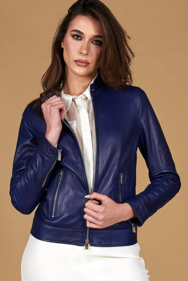 Donna D'Arienzo Linda - Giacca biker in pelle naturale bluette effetto liscio