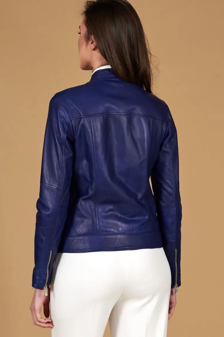 Donna D'Arienzo Linda - Giacca biker in pelle naturale bluette effetto liscio