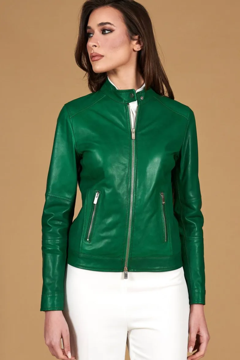 Donna D'Arienzo Linda - Giacca biker in pelle naturale verde effetto liscio