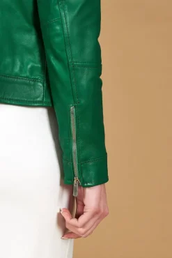 Donna D'Arienzo Linda - Giacca biker in pelle naturale verde effetto liscio