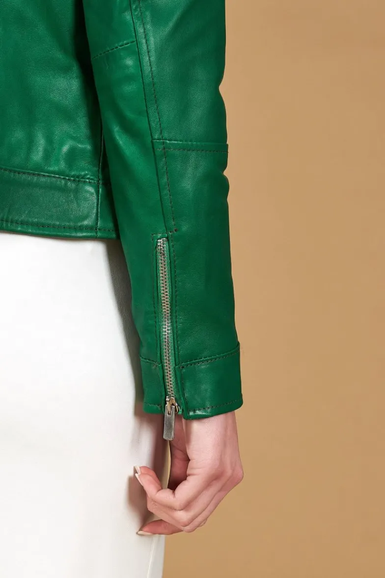 Donna D'Arienzo Linda - Giacca biker in pelle naturale verde effetto liscio