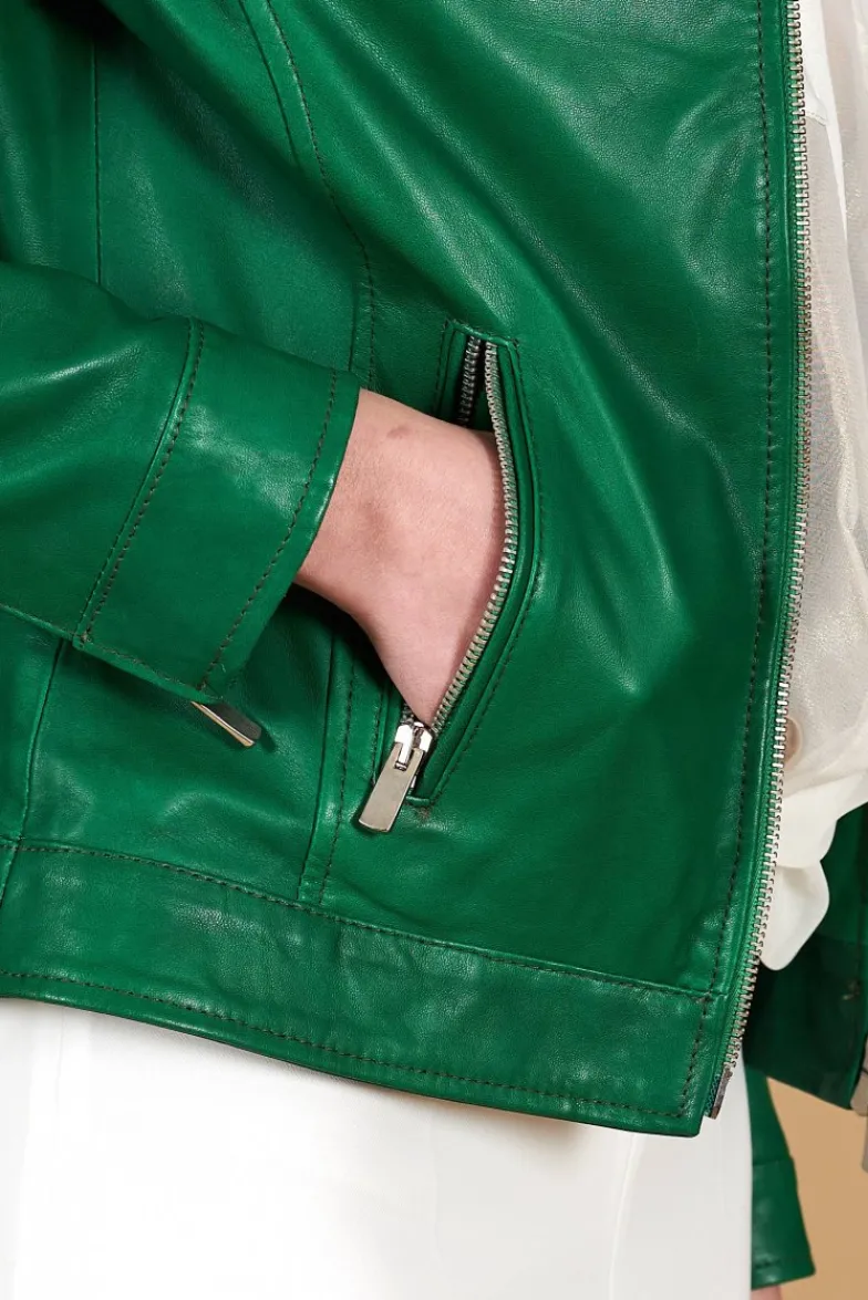 Donna D'Arienzo Linda - Giacca biker in pelle naturale verde effetto liscio