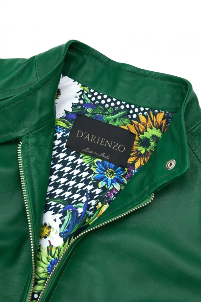 Donna D'Arienzo Linda - Giacca biker in pelle naturale verde effetto liscio