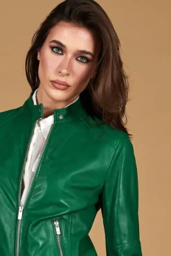 Donna D'Arienzo Linda - Giacca biker in pelle naturale verde effetto liscio