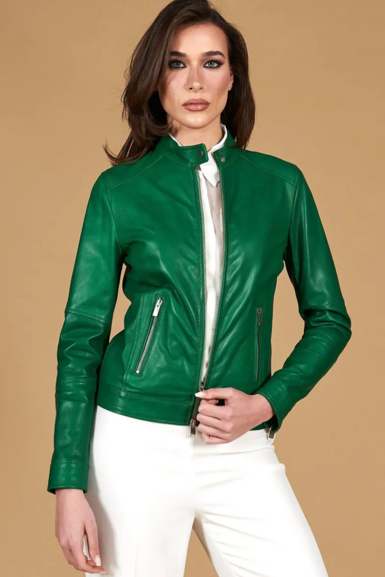Donna D'Arienzo Linda - Giacca biker in pelle naturale verde effetto liscio