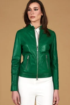 Donna D'Arienzo Linda - Giacca biker in pelle naturale verde effetto liscio