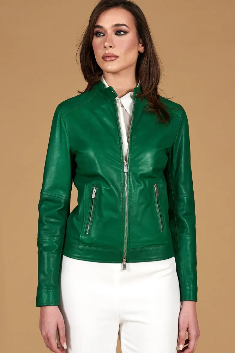 Donna D'Arienzo Linda - Giacca biker in pelle naturale verde effetto liscio