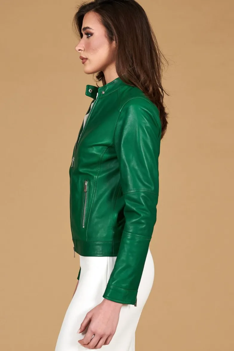 Donna D'Arienzo Linda - Giacca biker in pelle naturale verde effetto liscio