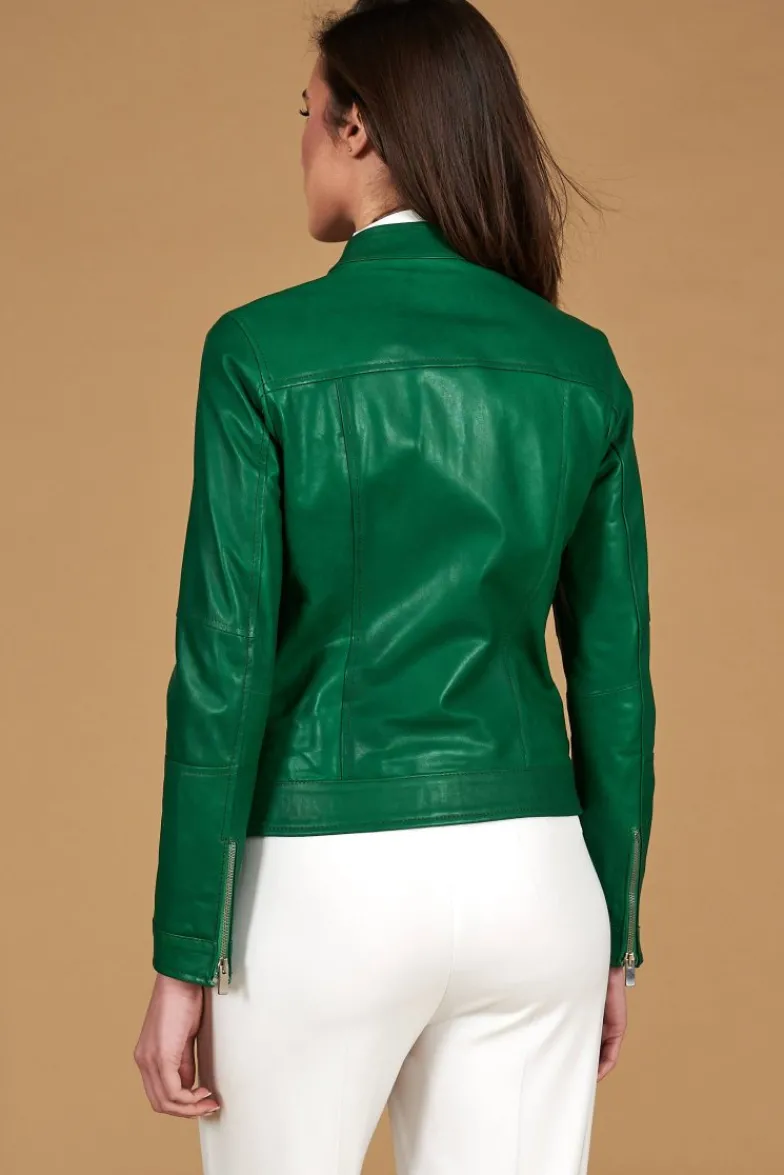 Donna D'Arienzo Linda - Giacca biker in pelle naturale verde effetto liscio