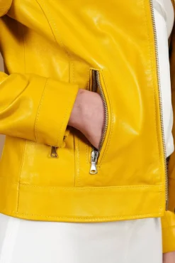 Donna D'Arienzo Linda - Giacca biker in pelle gialla nappa effetto liscio