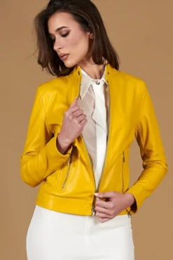 Donna D'Arienzo Linda - Giacca biker in pelle gialla nappa effetto liscio