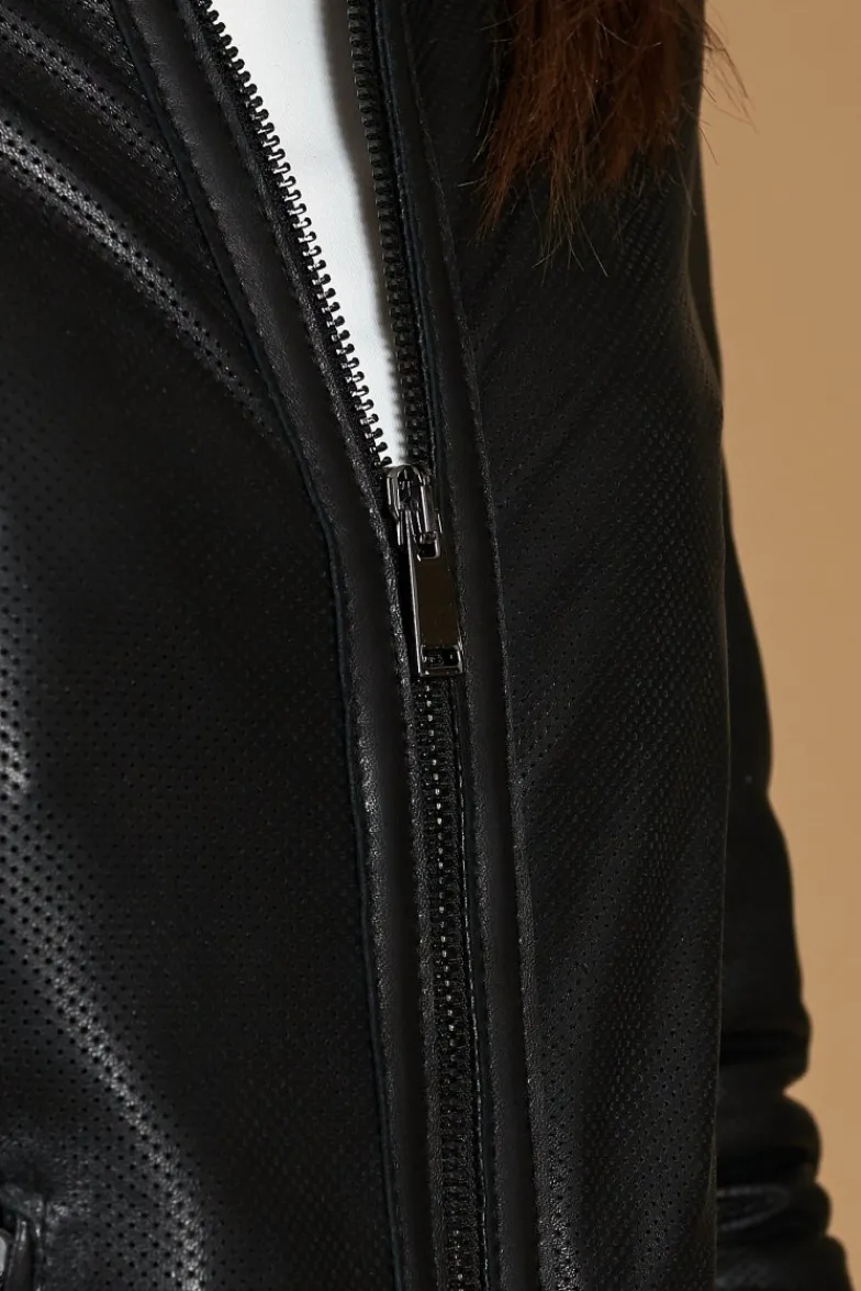 Donna D'Arienzo Linda - Giacca biker in pelle traforata nera effetto liscio