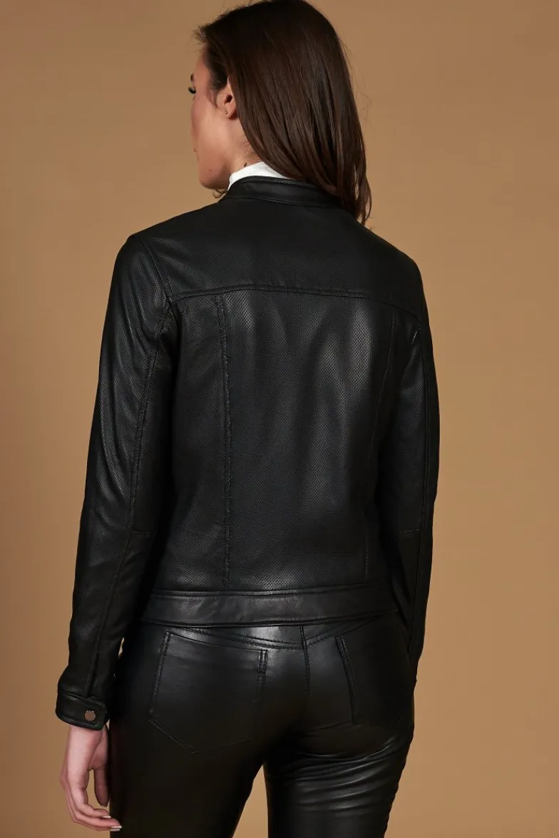 Donna D'Arienzo Linda - Giacca biker in pelle traforata nera effetto liscio