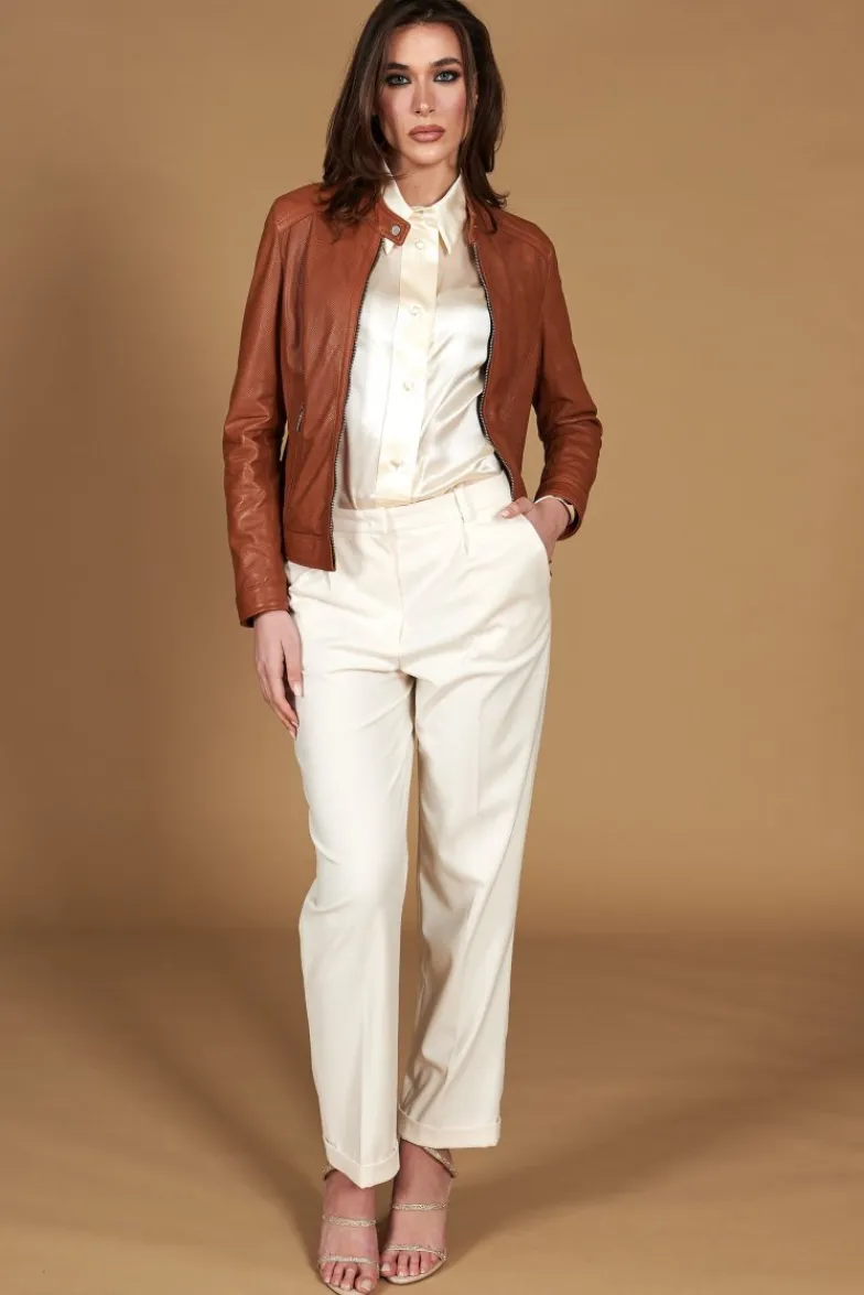 Donna D'Arienzo Linda - Giacca biker in pelle nappa traforata color cuoio effetto liscio