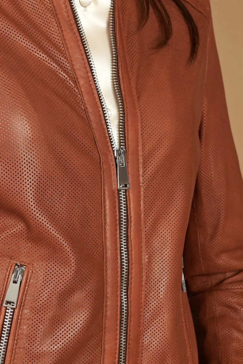 Donna D'Arienzo Linda - Giacca biker in pelle nappa traforata color cuoio effetto liscio