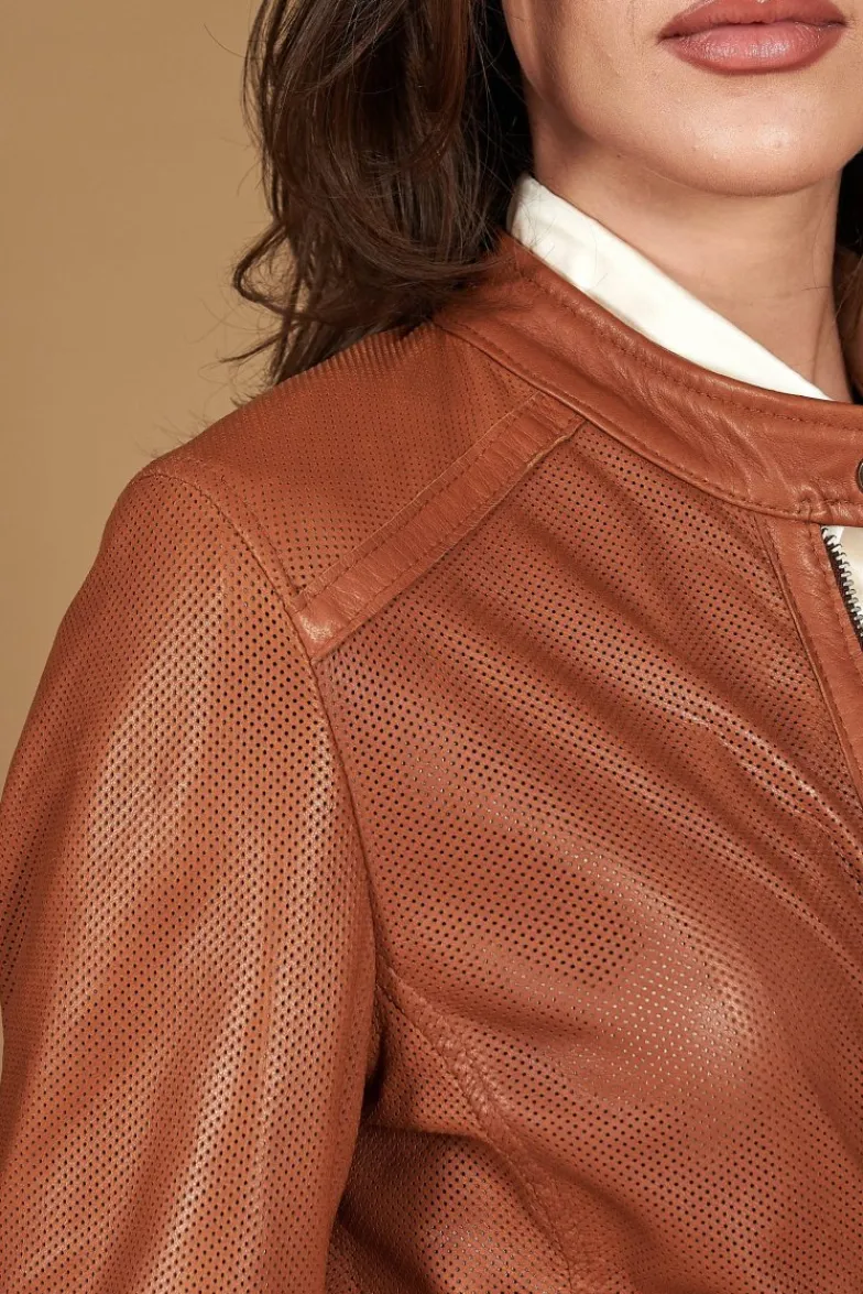 Donna D'Arienzo Linda - Giacca biker in pelle nappa traforata color cuoio effetto liscio