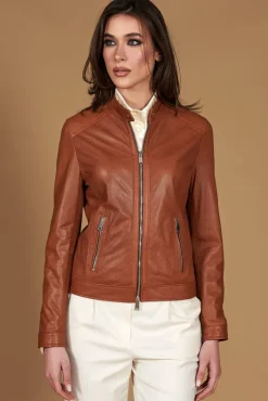 Donna D'Arienzo Linda - Giacca biker in pelle nappa traforata color cuoio effetto liscio