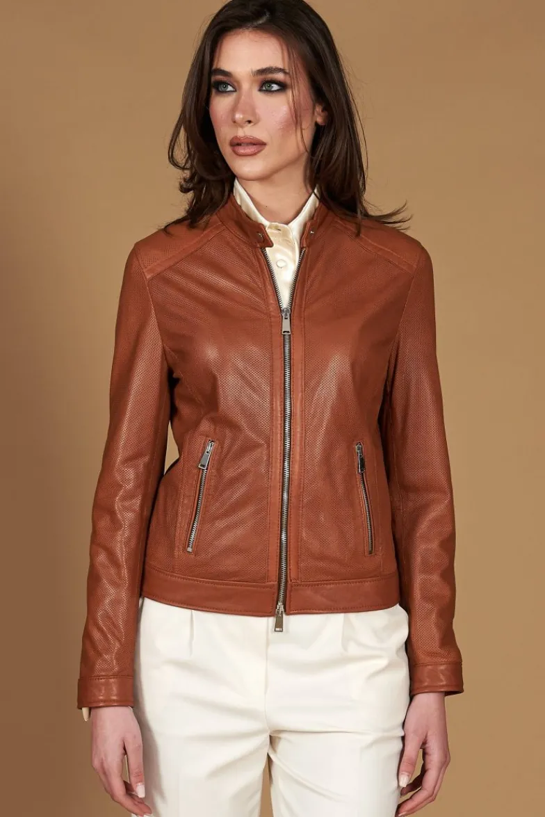 Donna D'Arienzo Linda - Giacca biker in pelle nappa traforata color cuoio effetto liscio