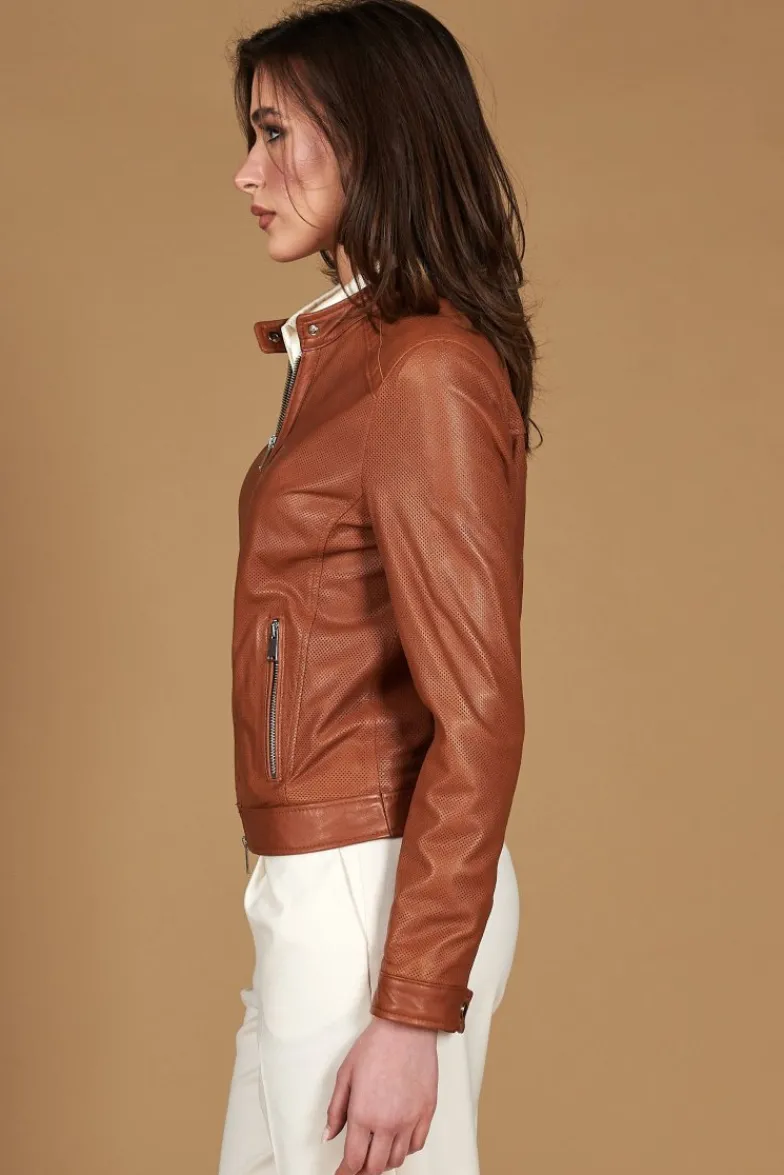 Donna D'Arienzo Linda - Giacca biker in pelle nappa traforata color cuoio effetto liscio