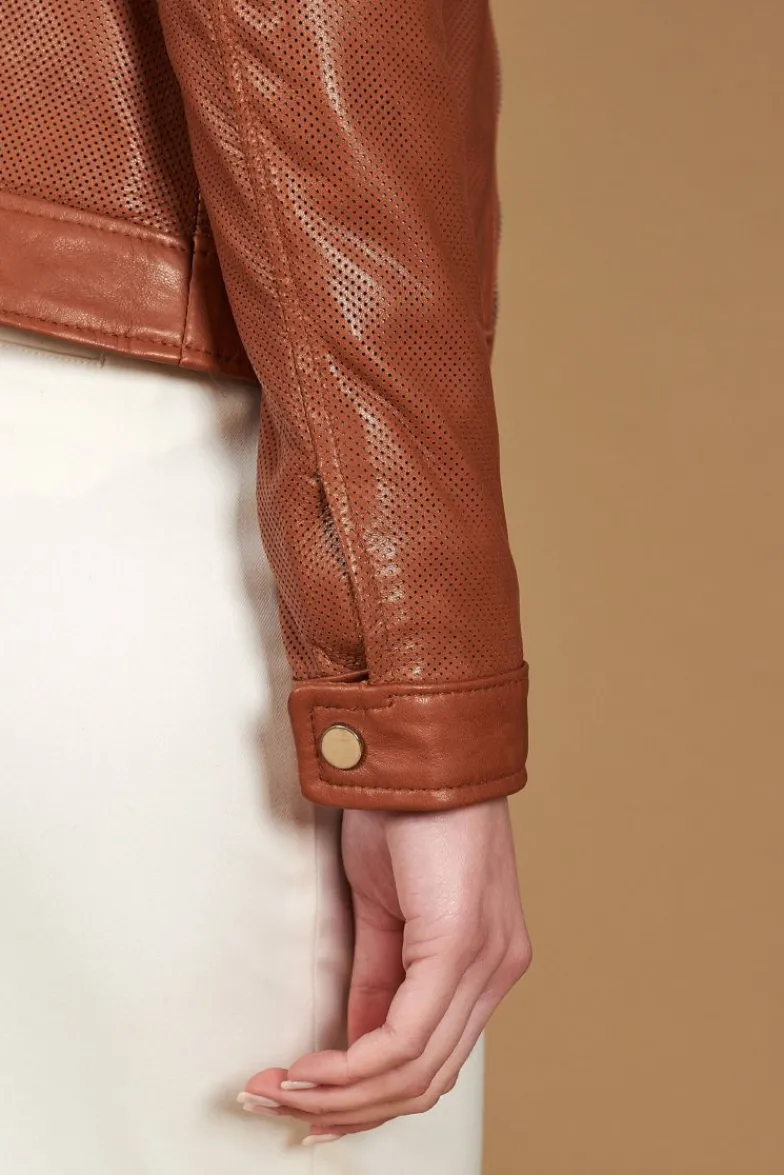 Donna D'Arienzo Linda - Giacca biker in pelle nappa traforata color cuoio effetto liscio