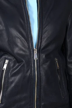 Donna D'Arienzo Linda - Giacca biker in pelle traforata blu effetto liscio
