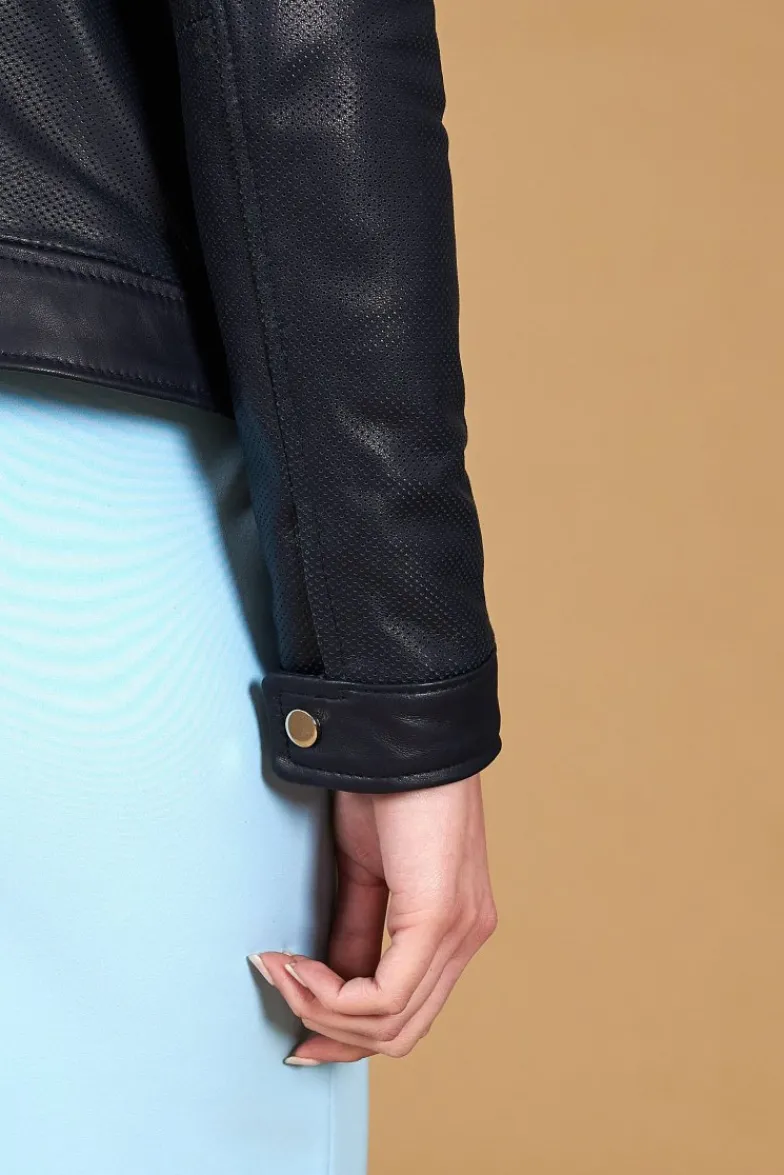 Donna D'Arienzo Linda - Giacca biker in pelle traforata blu effetto liscio