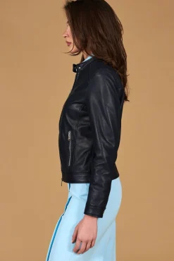 Donna D'Arienzo Linda - Giacca biker in pelle traforata blu effetto liscio