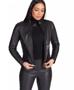 Donna D'Arienzo Linda - Giacca biker in pelle nera nappa effetto liscio