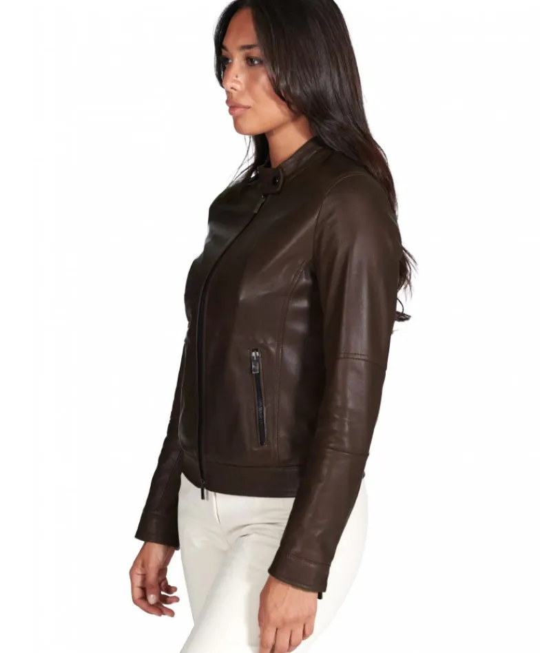 Donna D'Arienzo Linda - Giacca biker in pelle testa di moro effetto liscio