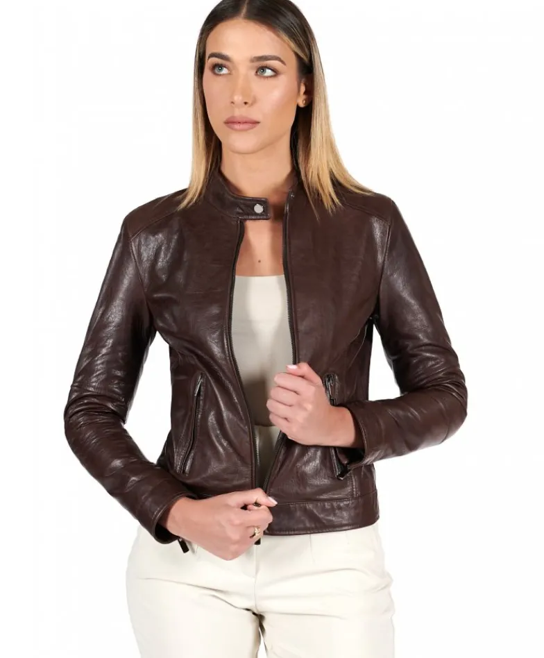 Donna D'Arienzo Linda - Giacca biker in pelle testa di moro effetto vintage