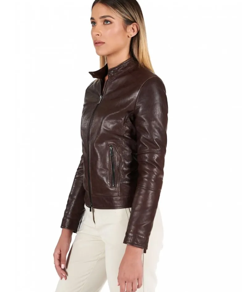 Donna D'Arienzo Linda - Giacca biker in pelle testa di moro effetto vintage