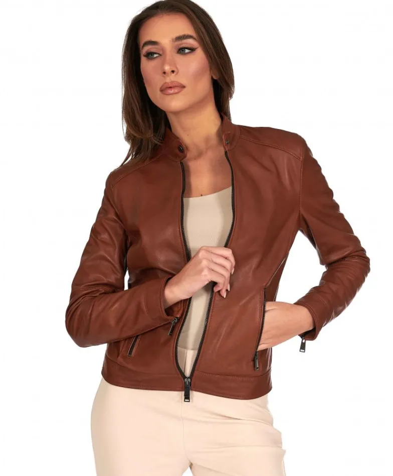 Donna D'Arienzo Linda - Giacca biker in pelle cuoio effetto vintage