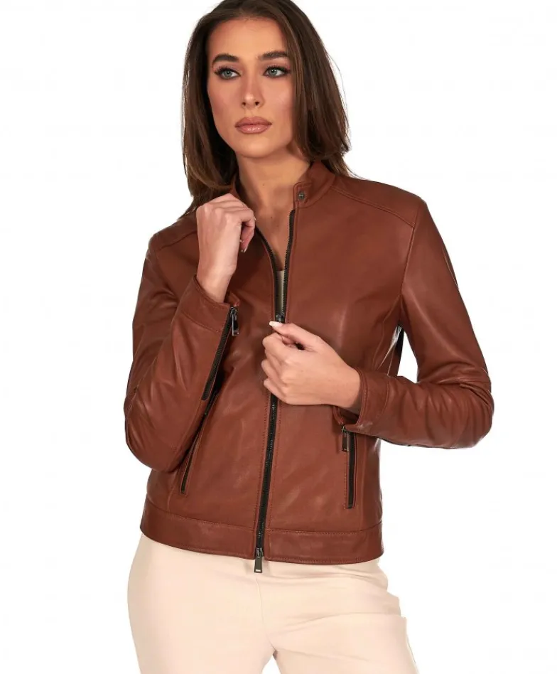 Donna D'Arienzo Linda - Giacca biker in pelle cuoio effetto vintage