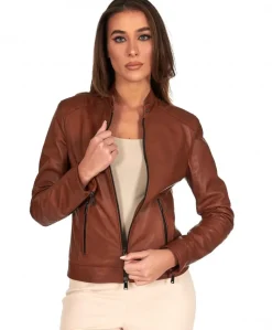 Donna D'Arienzo Linda - Giacca biker in pelle cuoio effetto vintage