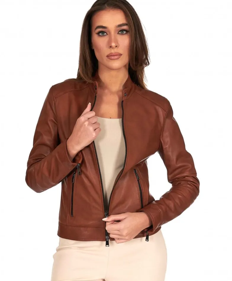 Donna D'Arienzo Linda - Giacca biker in pelle cuoio effetto vintage