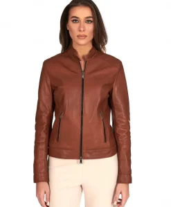 Donna D'Arienzo Linda - Giacca biker in pelle cuoio effetto vintage
