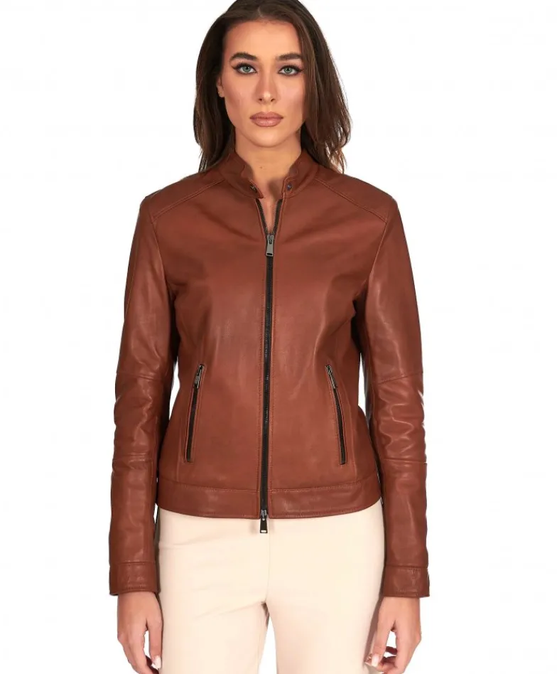 Donna D'Arienzo Linda - Giacca biker in pelle cuoio effetto vintage