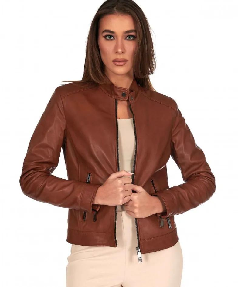 Donna D'Arienzo Linda - Giacca biker in pelle cuoio effetto vintage