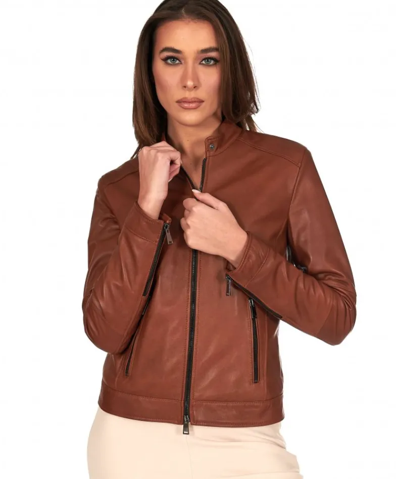 Donna D'Arienzo Linda - Giacca biker in pelle cuoio effetto vintage