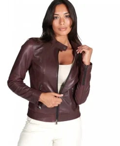 Donna D'Arienzo Linda - Giacca biker in pelle naturale bordeaux effetto liscio