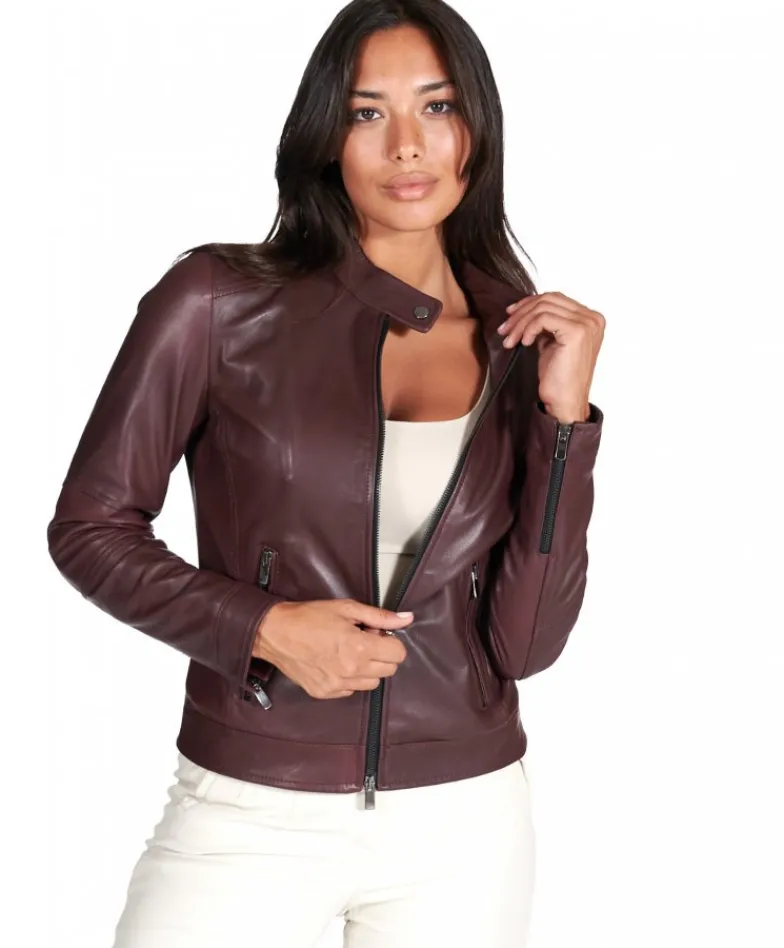 Donna D'Arienzo Linda - Giacca biker in pelle naturale bordeaux effetto liscio