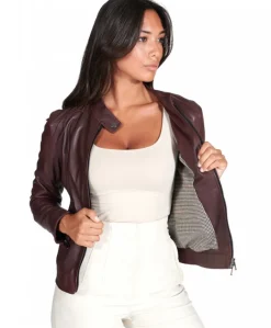 Donna D'Arienzo Linda - Giacca biker in pelle naturale bordeaux effetto liscio