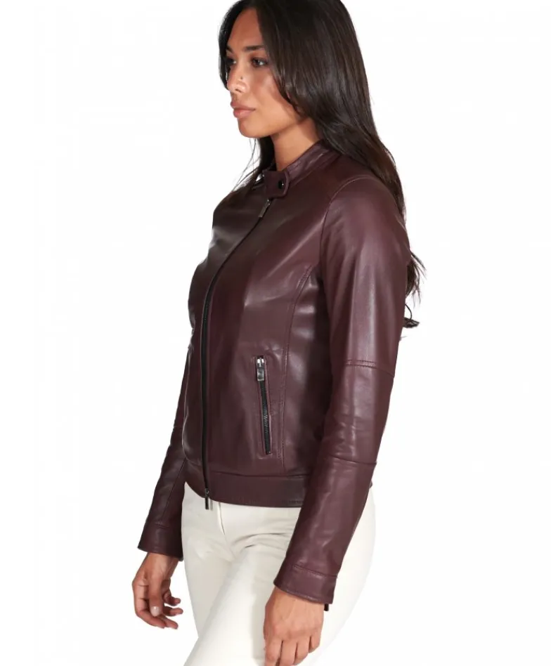 Donna D'Arienzo Linda - Giacca biker in pelle naturale bordeaux effetto liscio