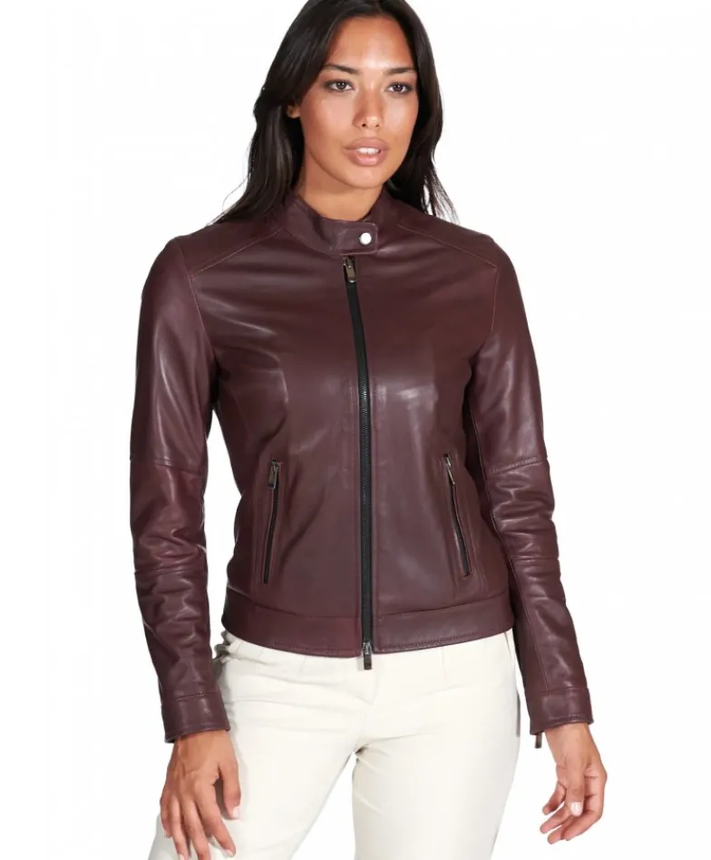 Donna D'Arienzo Linda - Giacca biker in pelle naturale bordeaux effetto liscio