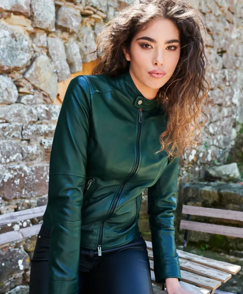 Donna D'Arienzo Linda - Giacca biker in pelle naturale verde effetto liscio